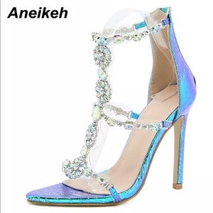 Multicolor iridescent/blue heels with iridescent gems